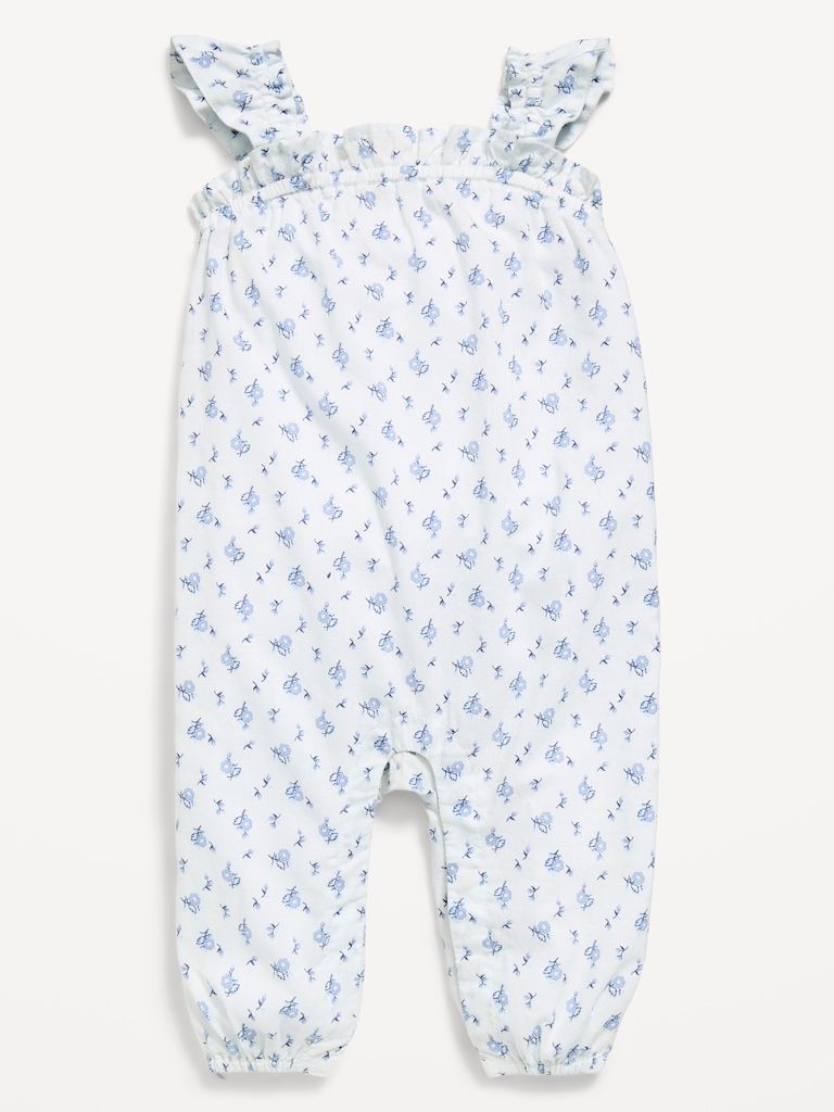 Printed Sleeveless Textured Ruffle-Trim Jumpsuit for Baby
