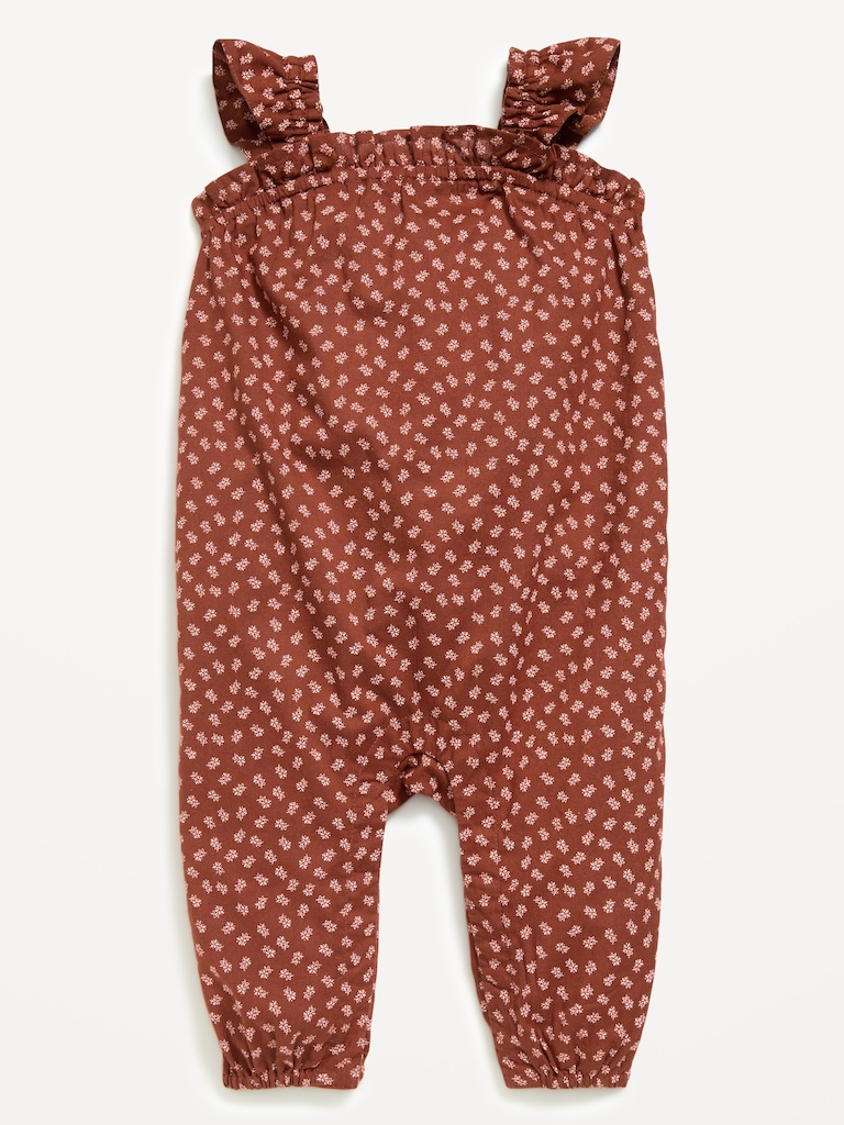 Printed Sleeveless Textured Ruffle-Trim Jumpsuit for Baby