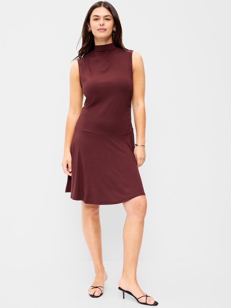 Gathered Mock-Neck Drop-Waist Mini Dress