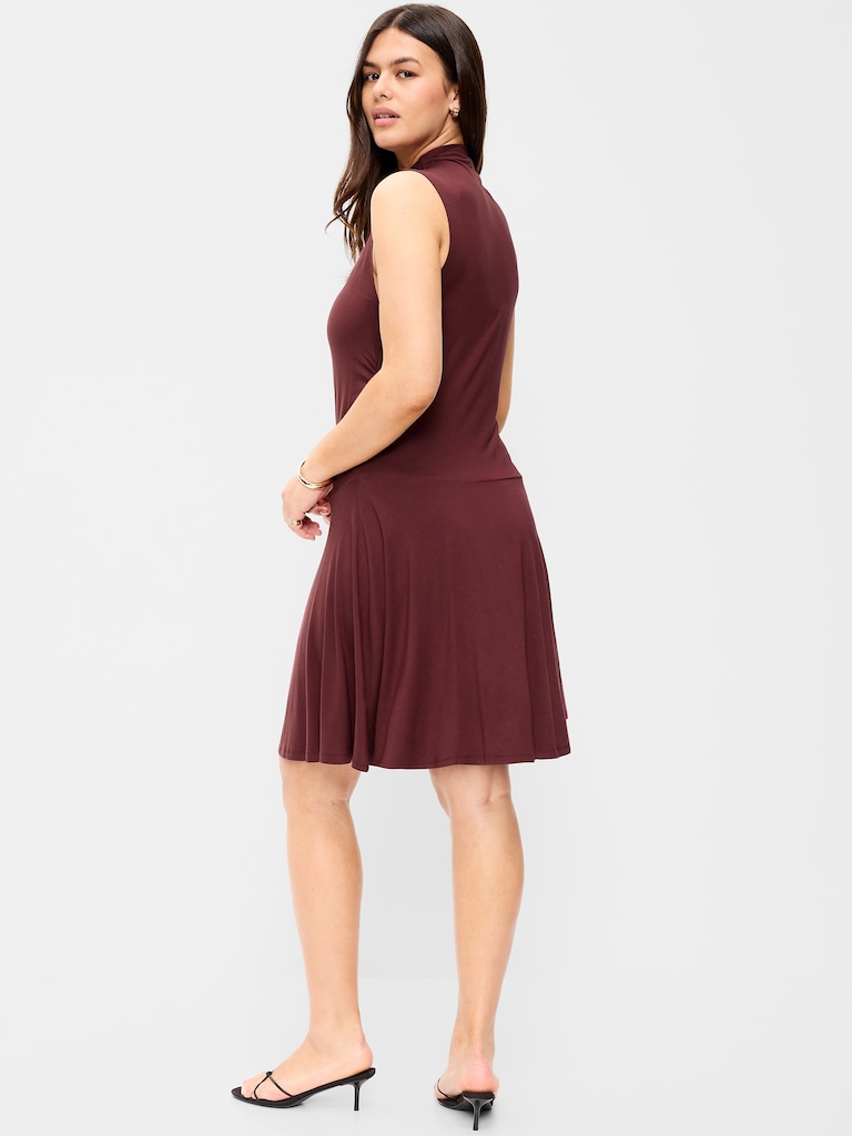 Gathered Mock-Neck Drop-Waist Mini Dress