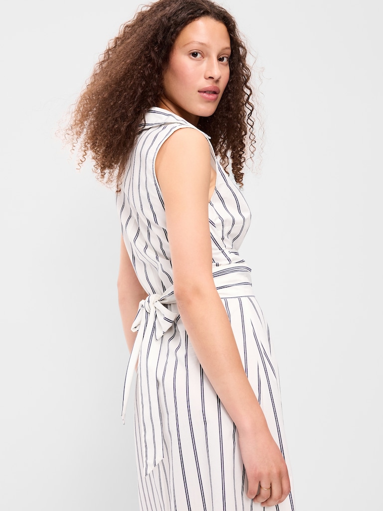 Sleeveless Wrap-Waist Midi Shirt Dress
