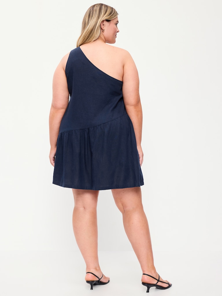 One-Shoulder Asymmetrical Linen-Blend Mini Dress