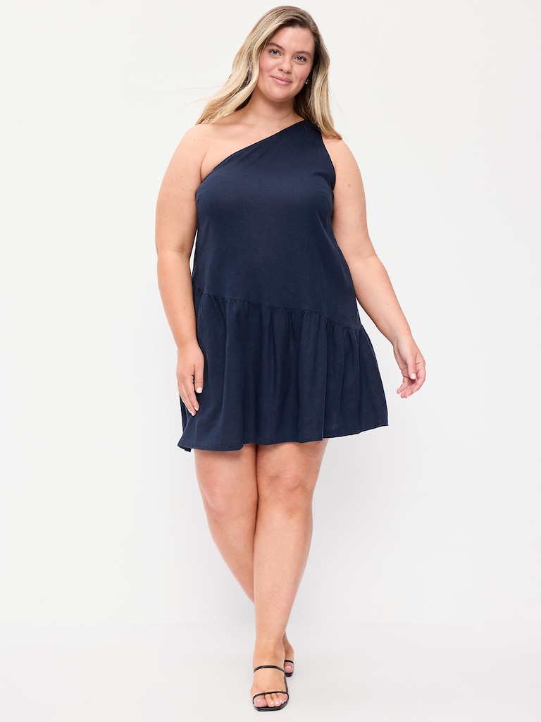 One-Shoulder Asymmetrical Linen-Blend Mini Dress