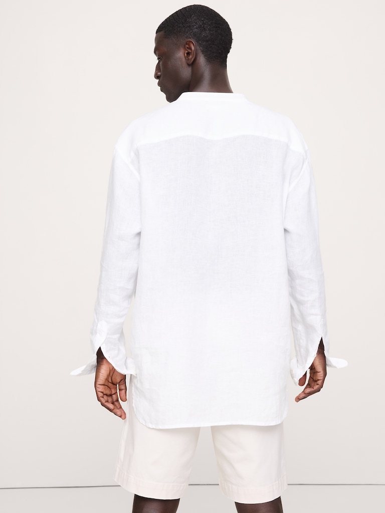 Relaxed-Fit Linen Banded-Collar Shirt