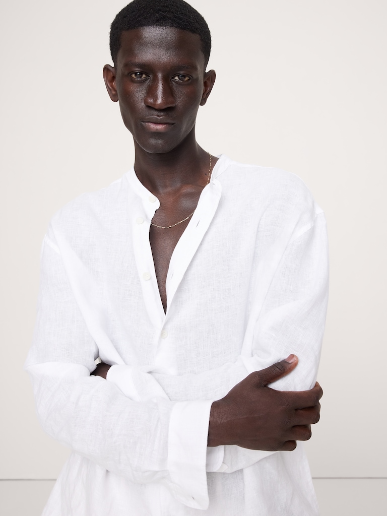 Relaxed-Fit Linen Banded-Collar Shirt