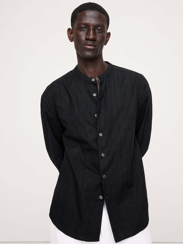 Relaxed-Fit Cotton-Linen Banded-Collar Shirt
