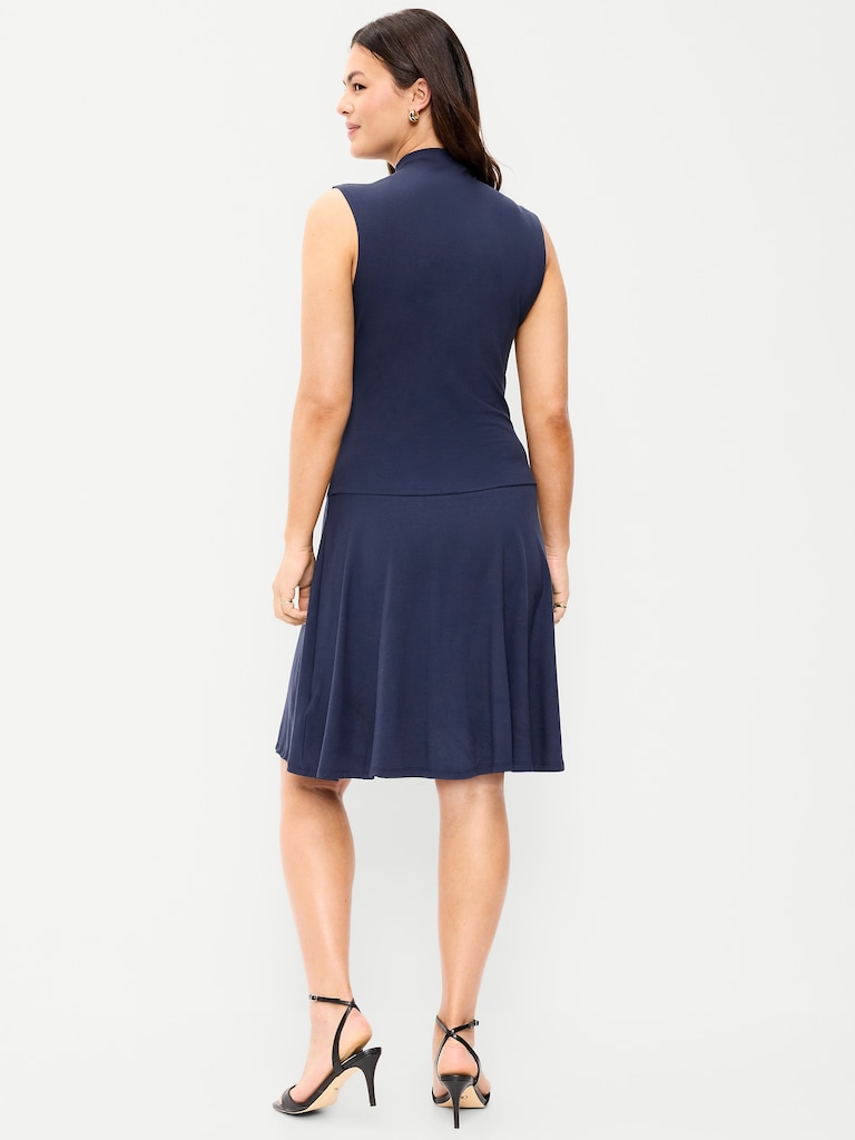 Gathered Mock-Neck Drop-Waist Mini Dress