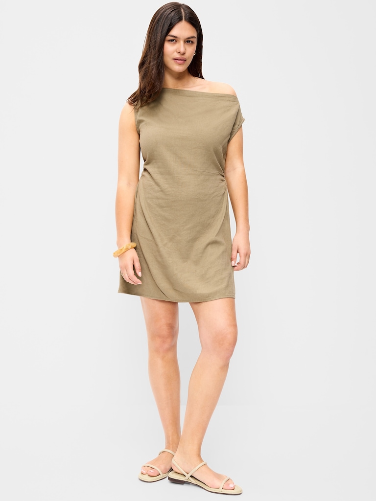 Asymmetrical Shoulder Linen-Blend Mini Dress