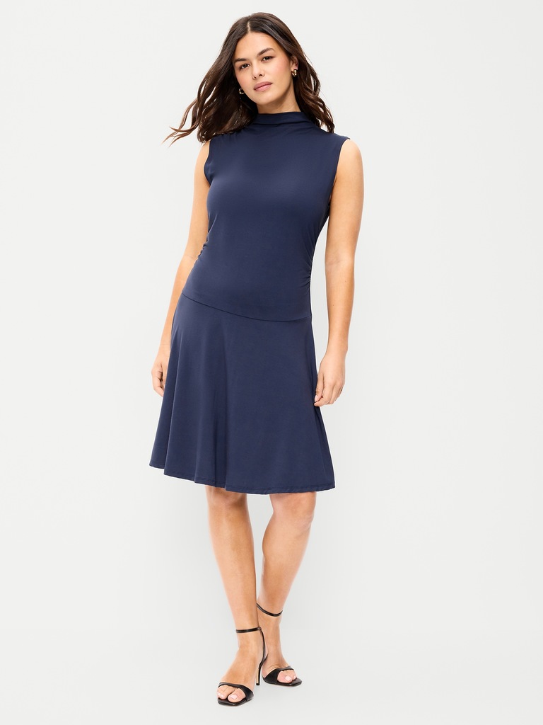 Gathered Mock-Neck Drop-Waist Mini Dress