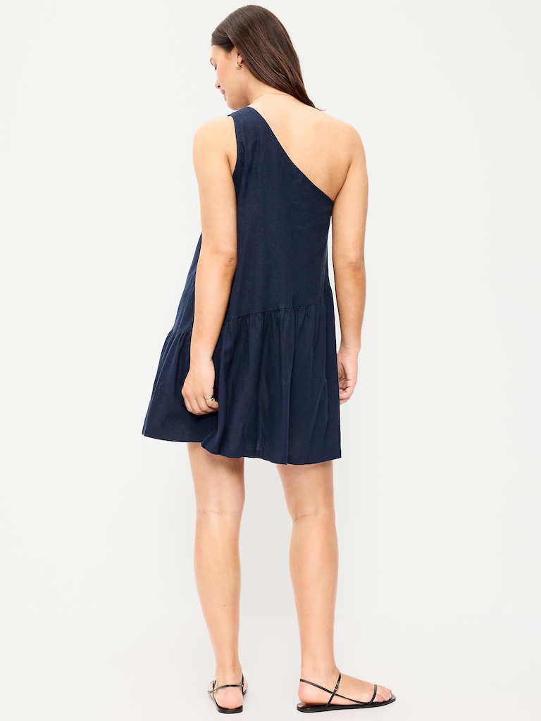 One-Shoulder Asymmetrical Linen-Blend Mini Dress