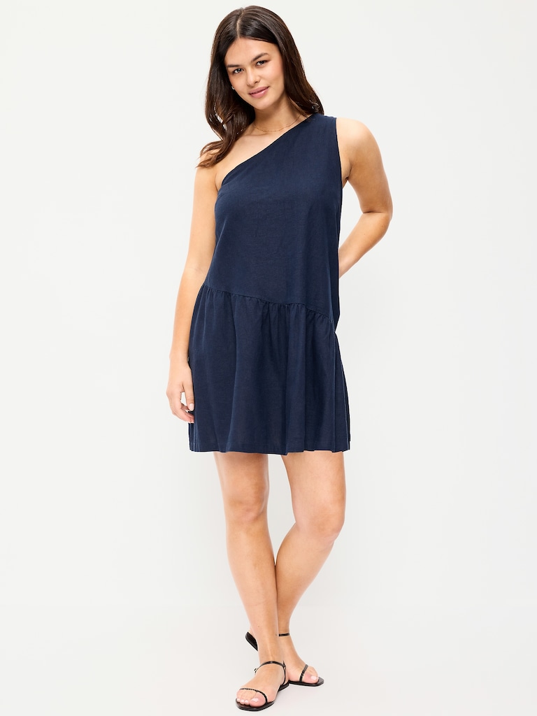 One-Shoulder Asymmetrical Linen-Blend Mini Dress