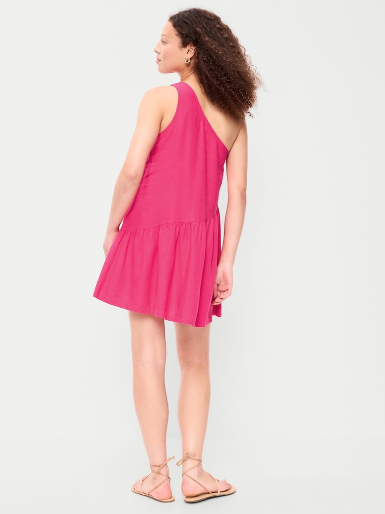One-Shoulder Asymmetrical Linen-Blend Mini Dress