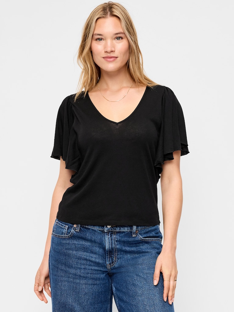 V-Neck Flutter Sleeve Top