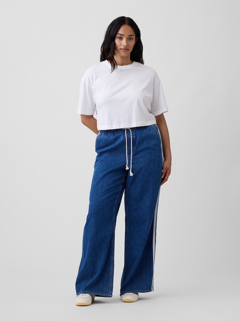 Mid Rise Pull-On Soft Stripe Wide-Leg Jeans