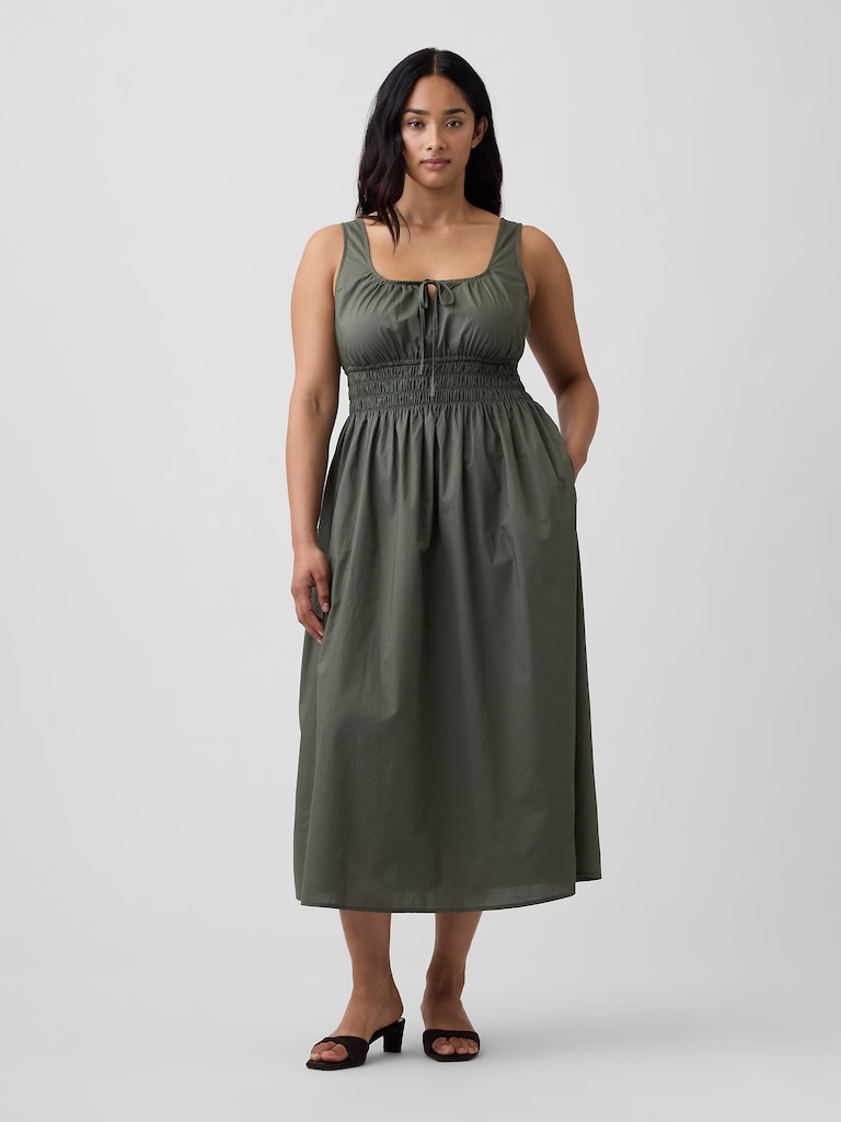 Smocked Tie-Front Midi Dress