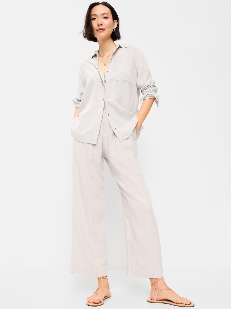 High-Waisted Linen-Blend Straight Ankle Pants