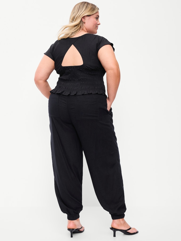 Pantalon à taille mi-basse et cheville cintrée en mélange de lin