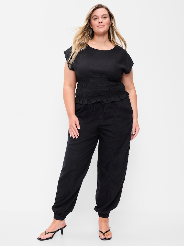 Pantalon à taille mi-basse et cheville cintrée en mélange de lin