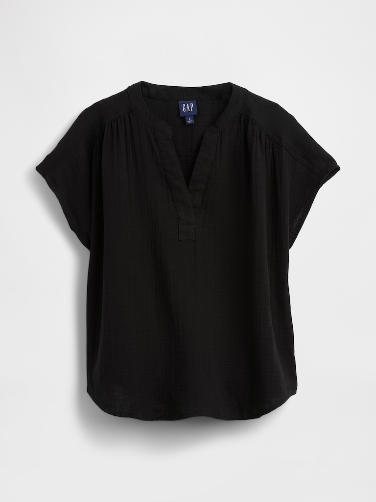 Cotton Gauze Oversized Split-Neck Top