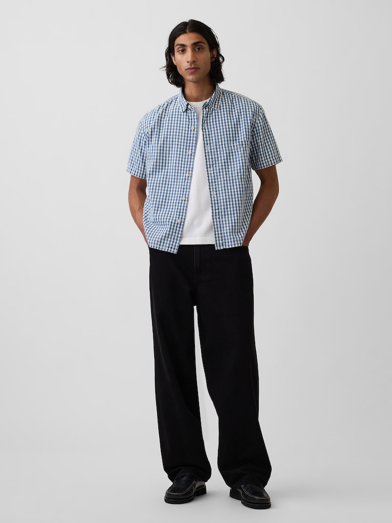 Gingham Denim Relaxed Straight-Hem Shirt