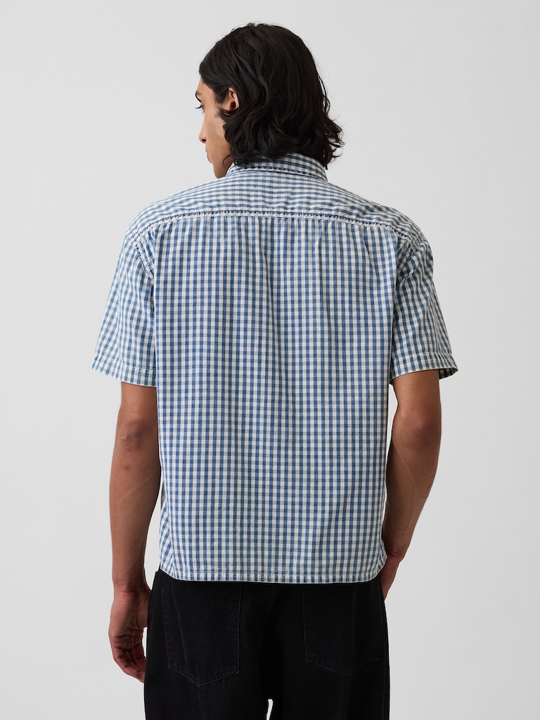 Gingham Denim Relaxed Straight-Hem Shirt