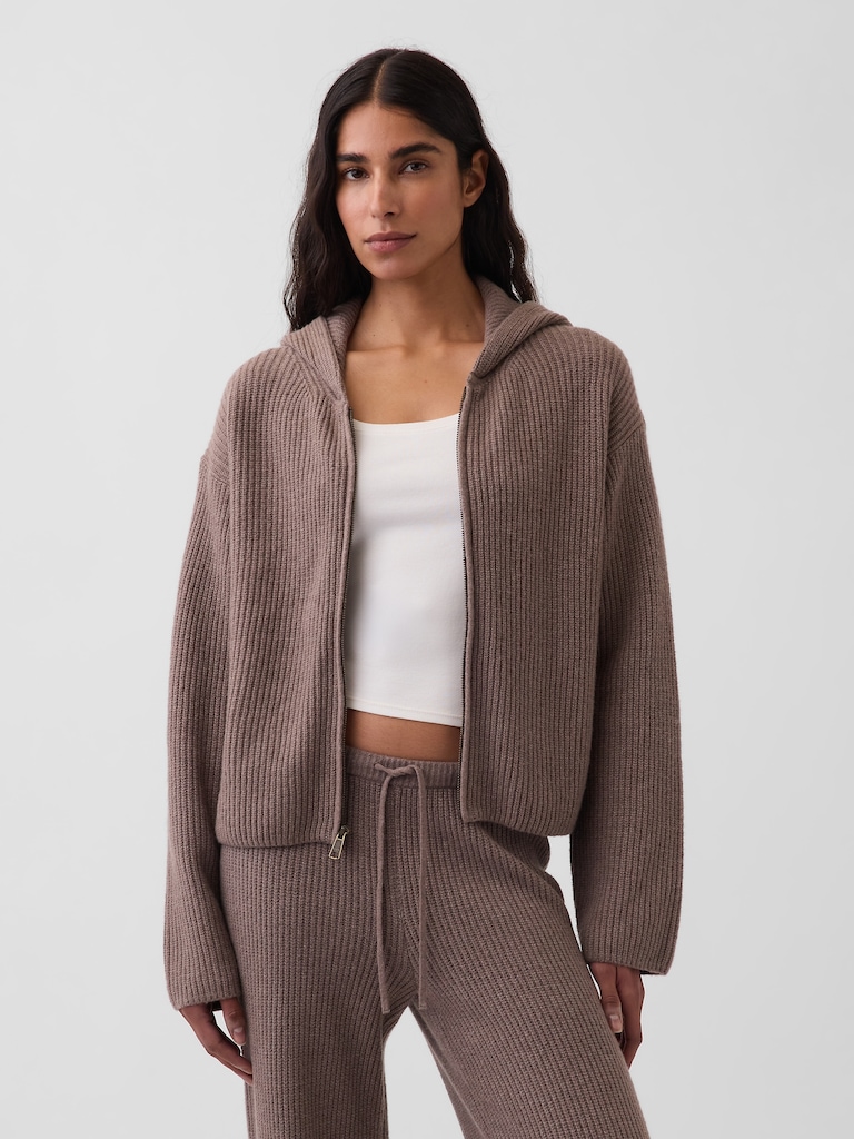 CashSoft Oversized Shaker-Stitch Zip Hoodie