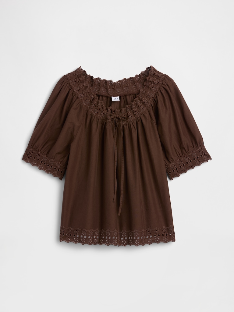 Relaxed Embroidered Tie-Front Top
