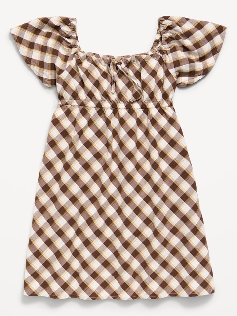 Short Flutter-Sleeve Crinkled Plaid Dress for Girls