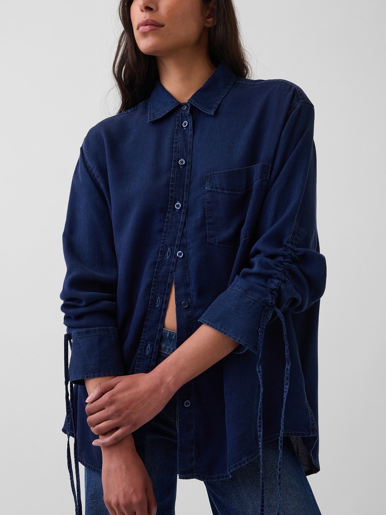 Denim Oversized Ruched-Sleeve Shirt