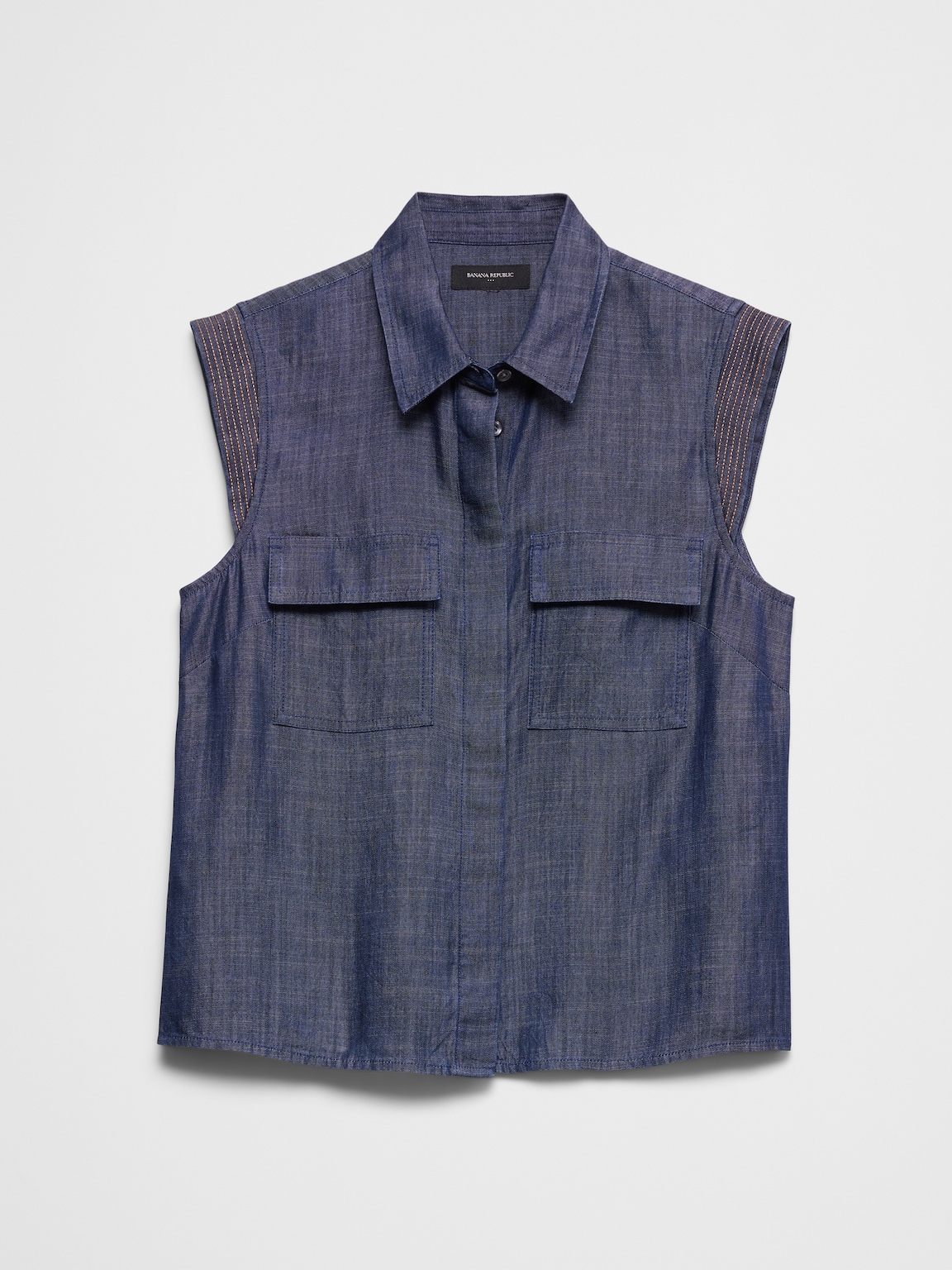 Denim Trapunto Cap-Sleeve Shirt