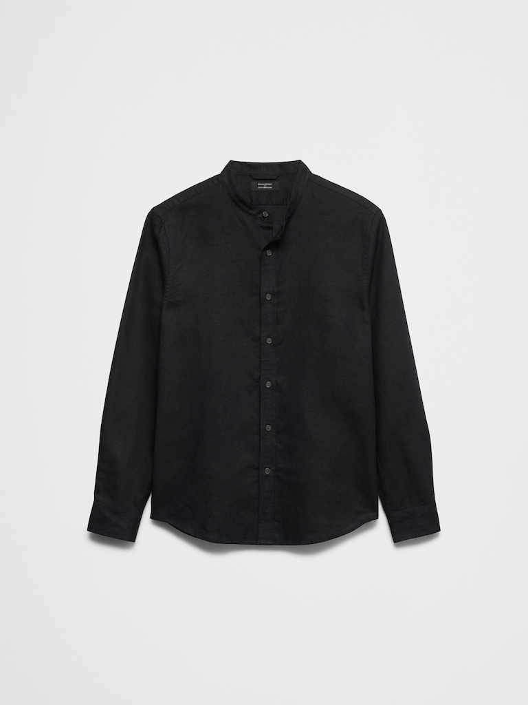 Slim-Fit Linen-Blend Banded-Collar Shirt