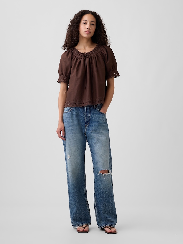 Relaxed Embroidered Tie-Front Top