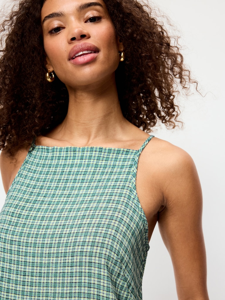 Linen-Blend Apron-Neck Mini Shift Dress