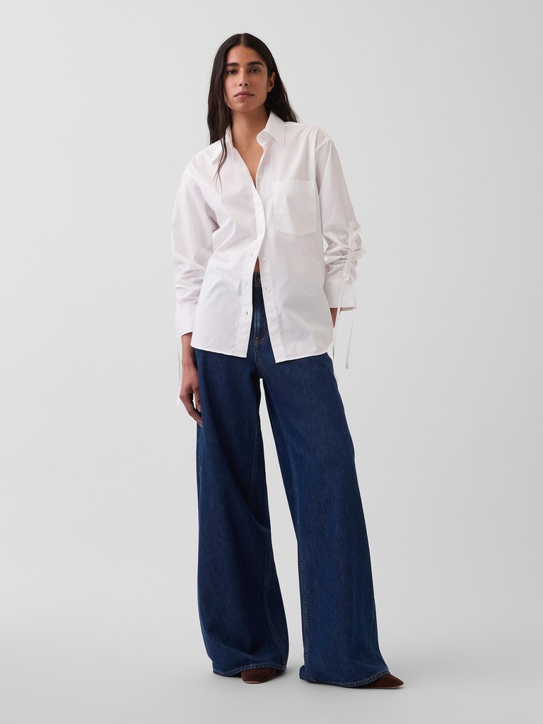 Organic Cotton Poplin Oversized Ruched-Sleeve Shirt