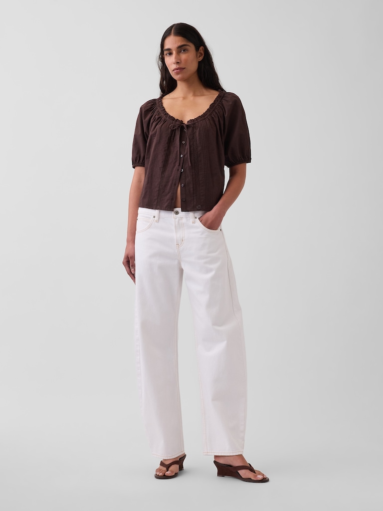 Elbow-Sleeve Crop Pintuck Top