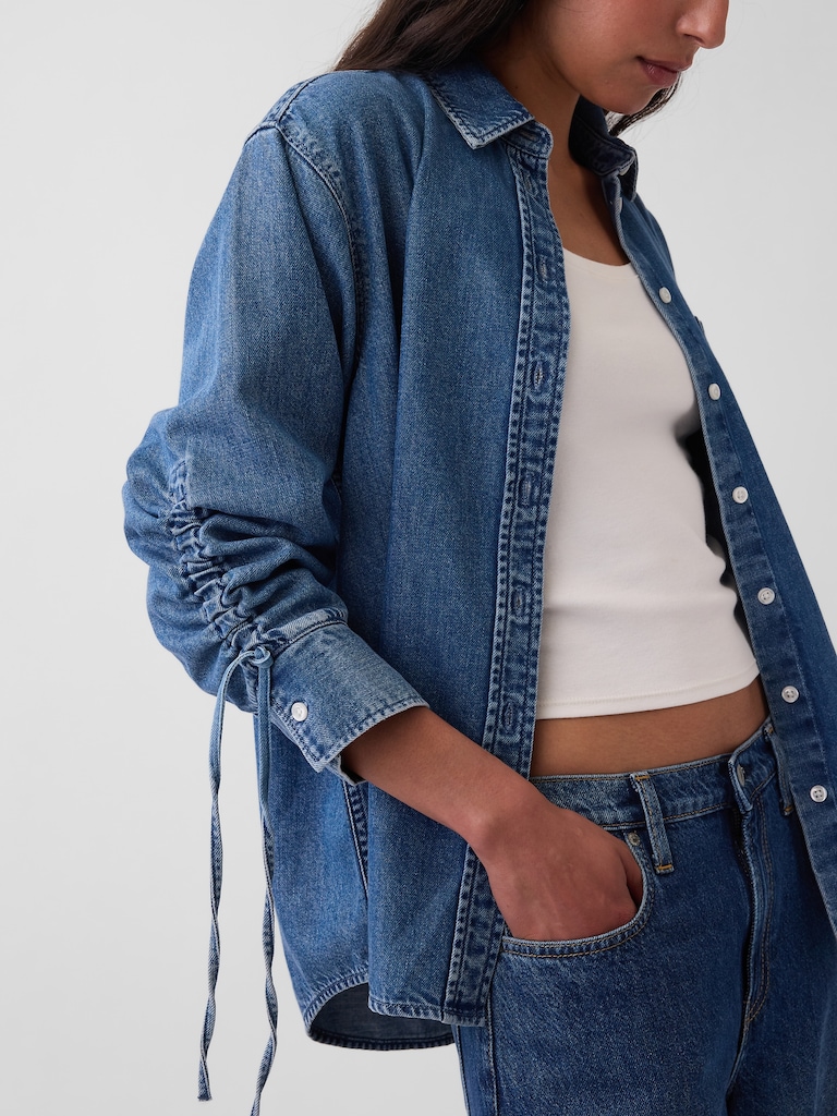 UltraSoft Denim Oversized Ruched-Sleeve Shirt
