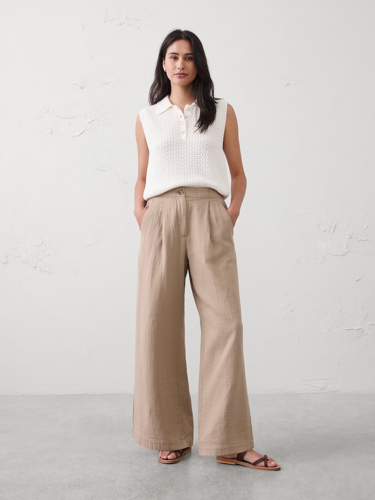 Anyday Wide-Leg High-Rise Gauze Pleated Trouser