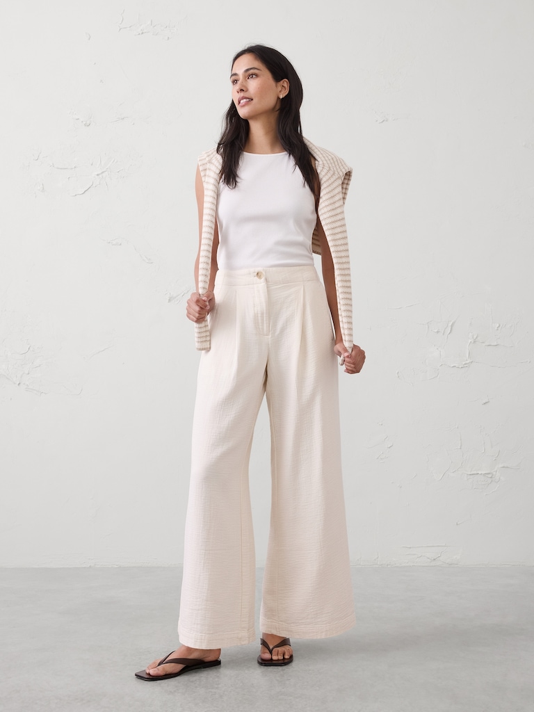 Anyday Wide-Leg High-Rise Gauze Pleated Trouser