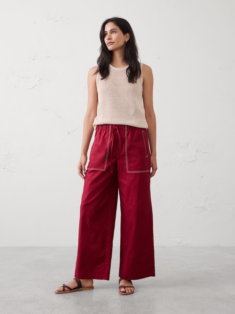 Wide-Leg Mid-Rise Twill Pull-On Utility Pant