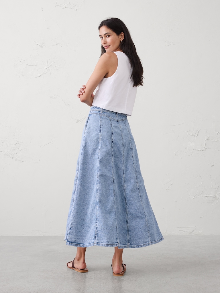 Denim Seamed Midi Skirt