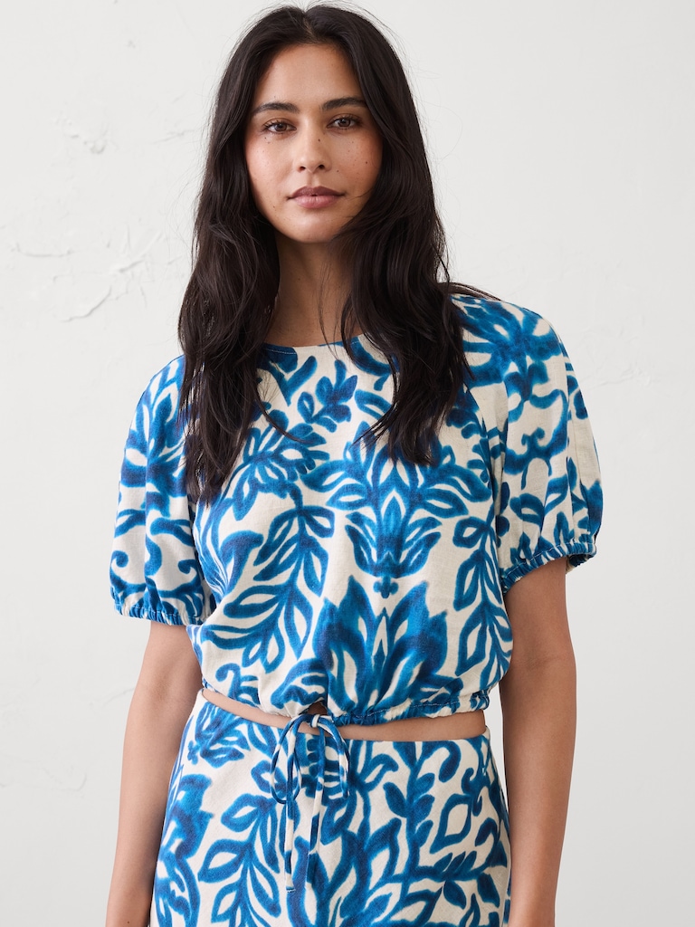 Linen-Blend Bubble-Tie Top