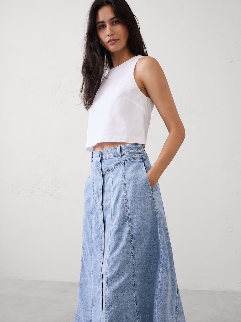 Denim Seamed Midi Skirt