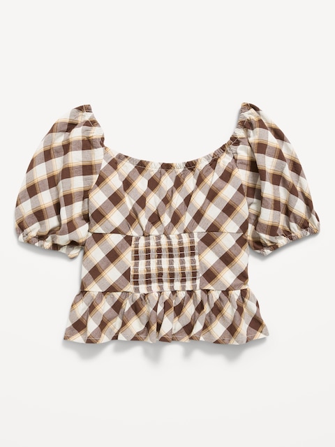 Fitted Short Puff-Sleeve Crinkled Plaid Top for Girls