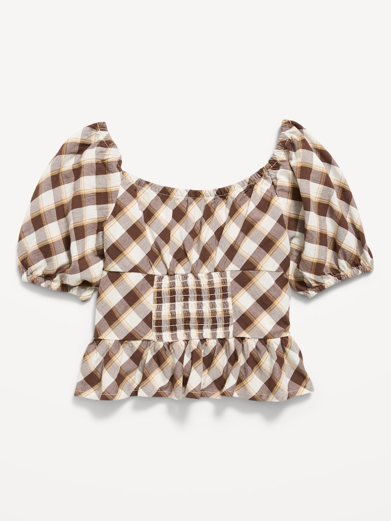 Fitted Short Puff-Sleeve Crinkled Plaid Top for Girls