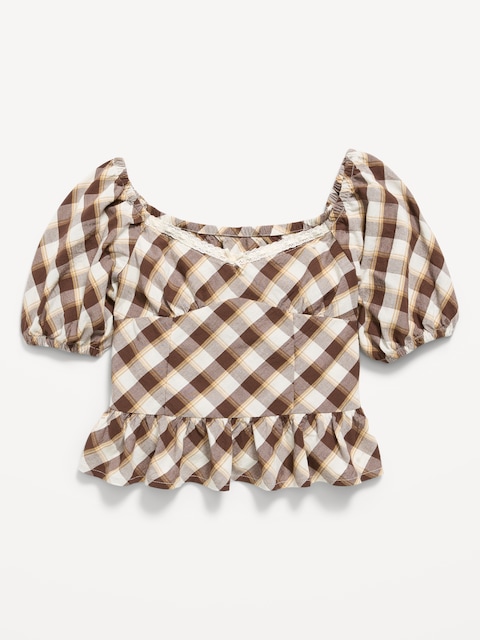 Fitted Short Puff-Sleeve Crinkled Plaid Top for Girls