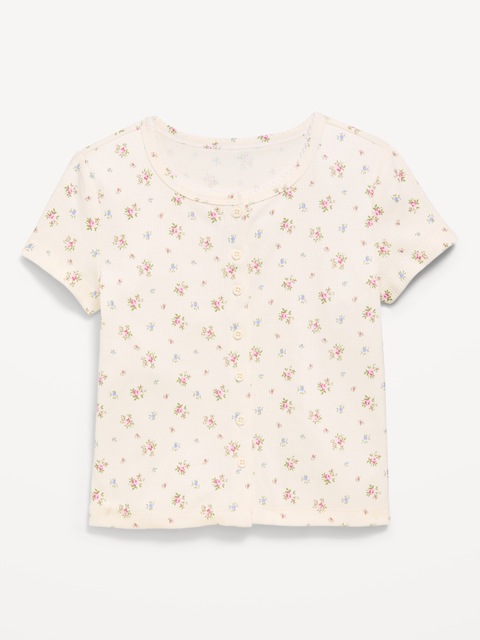 Fitted Short-Sleeve Ribbed Button-Front Top for Girls