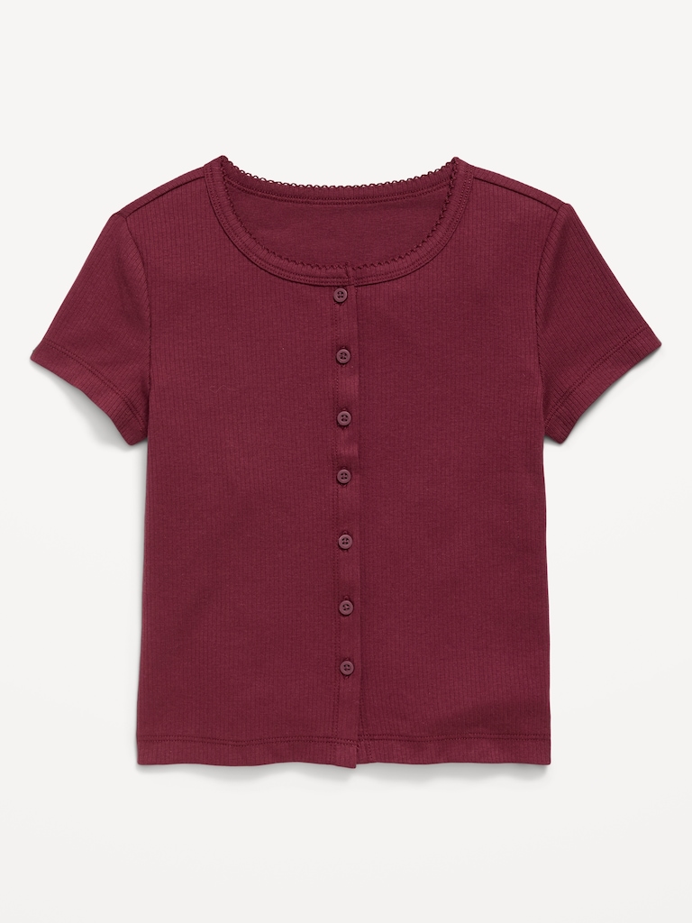 Fitted Short-Sleeve Ribbed Button-Front Top for Girls