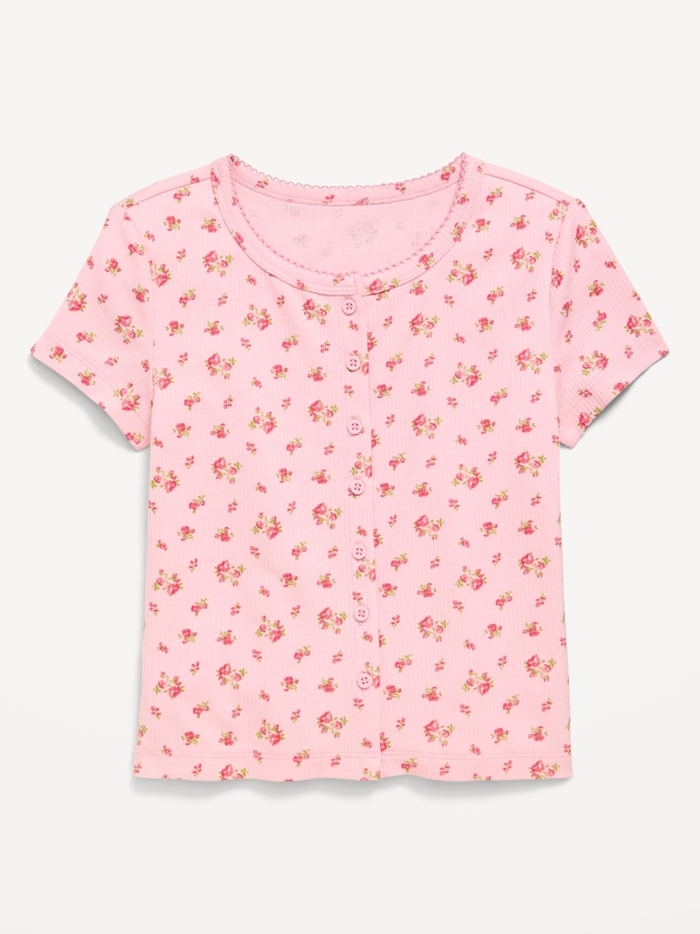 Fitted Short-Sleeve Ribbed Button-Front Top for Girls