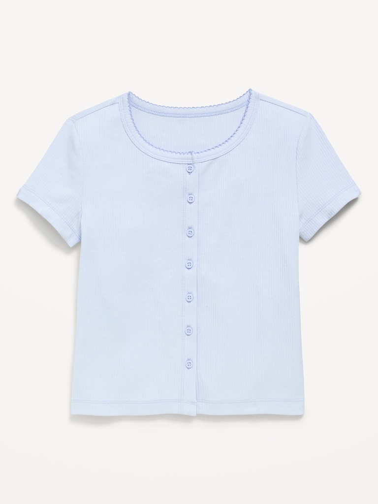 Fitted Short-Sleeve Ribbed Button-Front Top for Girls