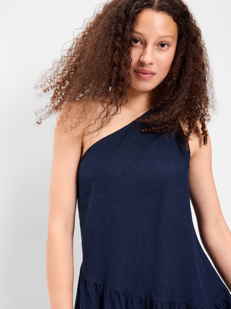 One-Shoulder Asymmetrical Linen-Blend Mini Dress
